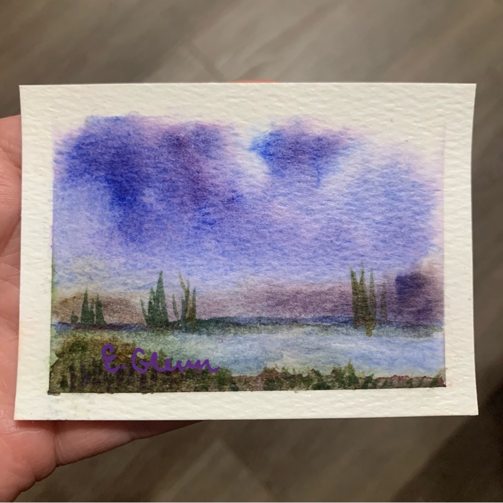 ACEO miniature Original Hand-Painted Purple and Blue Watercolor Landscape Art